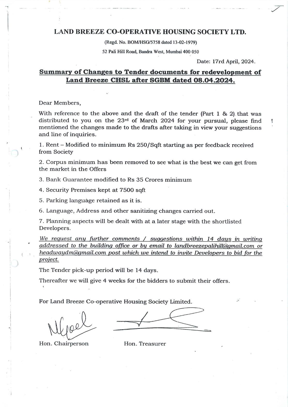 Summary of Tender Documents Changes Post 08th Apr,2024